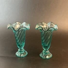 2 Vtg Fenton Teal Green Art Glass Bud Vase Spiral Ribbed Set Pair Aqua Ruffled