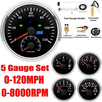 5 Gauge Set 110mm GPS Speedometer 120MPH w/Tacho 8000RPM/52MM Fuel/Oil/Temp/Volt