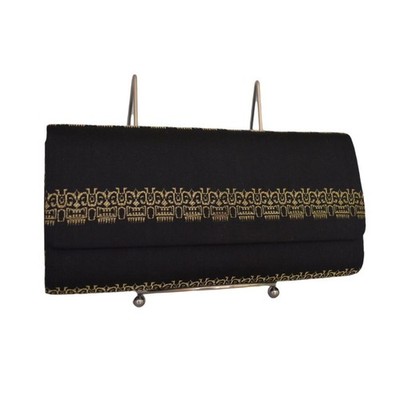 Vintage 60s Tatsumari Clutch Purse, Black Silk with Metallic Gold, Japan, New