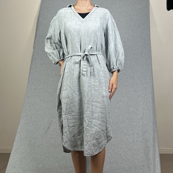 Linen Shirt Dress Womens 12 Grey Puff Sleeve Belted Boho Coastal Peasant Cottage