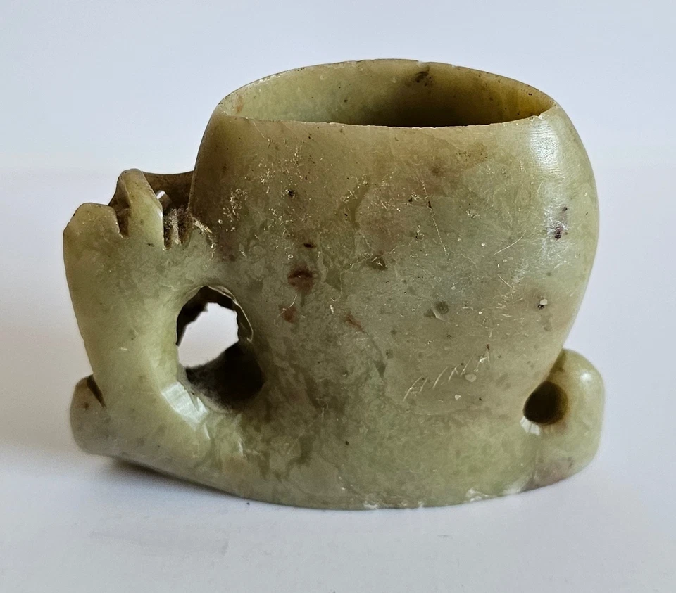 Jarrón antiguo miniatura chino tallado piedra jabonera escultura hojas talladas Foto 3 de 4