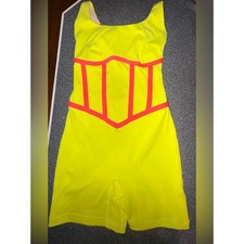 Jo Jax Neon Yellow Dance Unitard with Pink Trim Size Adult Small