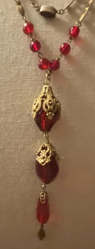 Antique Art Deco Czech Red Glass & Ornate Brass Art Deco Necklace