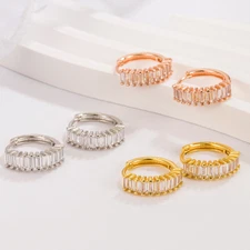 Silver Gold Baguette CZ Hoop Huggie Square Earrings Men Women 4x15mm 0.6" S11