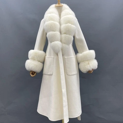 OFF WHITE Cappotto donna lana con polsino collo vera pelliccia slim fit cintura cashmere cappotto invernale