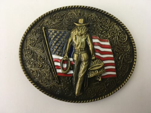 Cowgirl Belt Buckle American West Cow Girl USA Flag - Picture 1 of 36