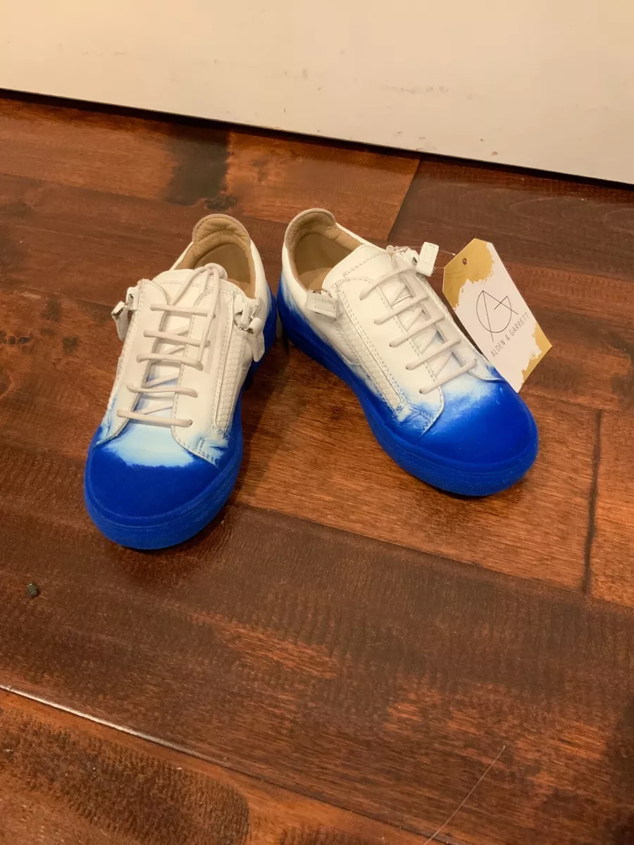 Giuseppe Zanotti White/Blue Leather &amp; Velvet Kids Sneakers, Sz US, 29 |