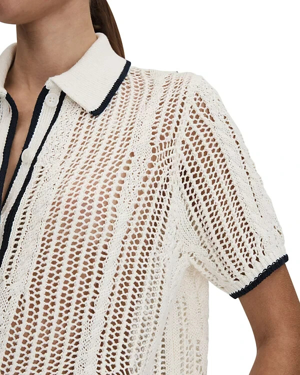 $240 REISS Erica Linen Open Stitch Shirt | Ivory / Navy