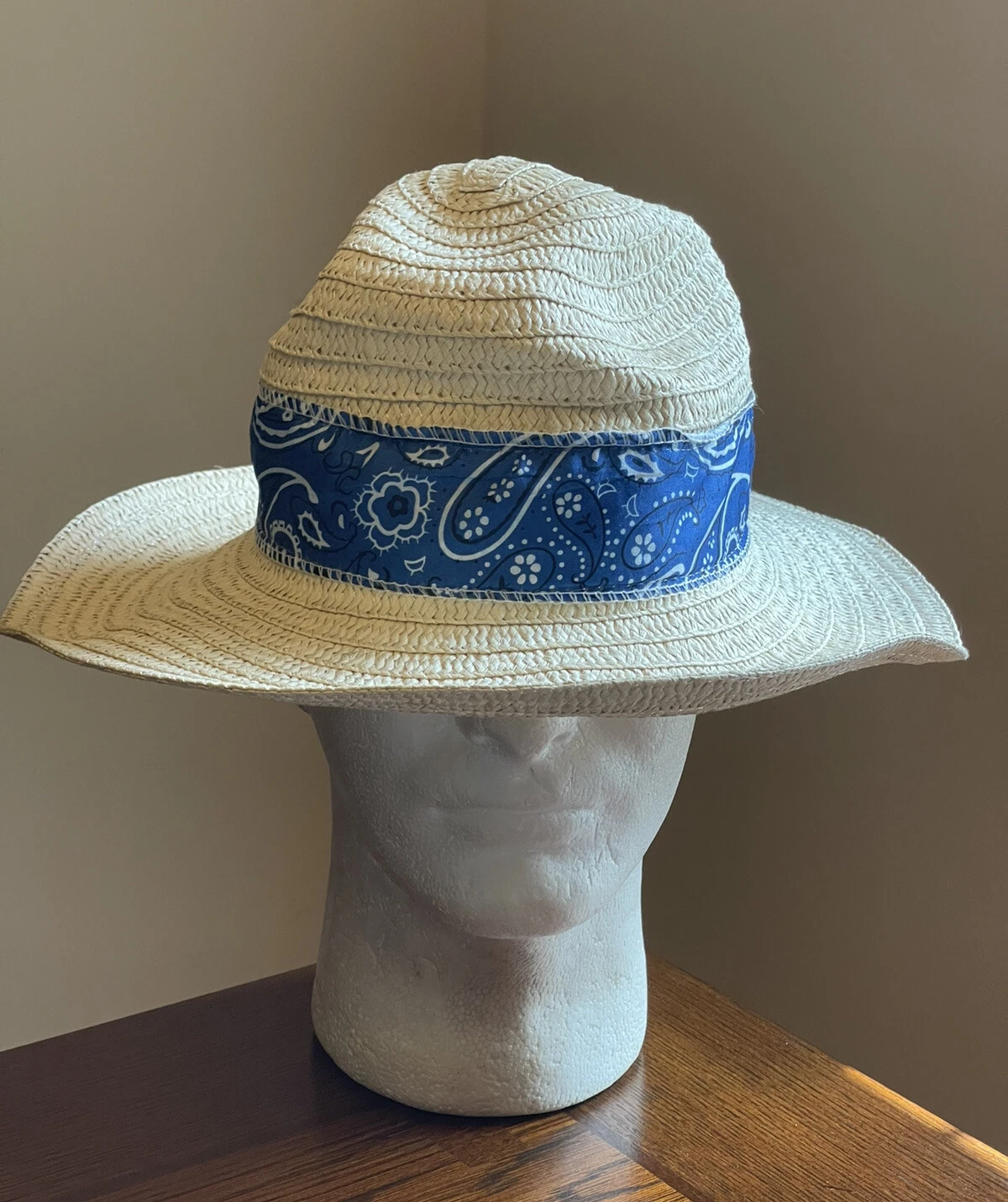 New Woven Straw Blue Bandana Paisley Hat One Size Fits Most
