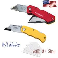 Folding Utility Knife W/ 5 Blades  Heavy Duty Box Cutter with Quick Blade Change