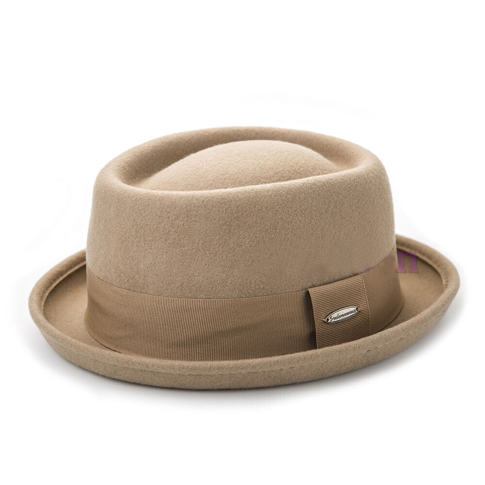 Men's Vintage Wool Fedora Flat Top Hats Pork Pie Felt Porkpie Caps M/L