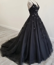 Vintage Gothic Black Wedding Dresses with White Sequins A Line Bridal Gowns