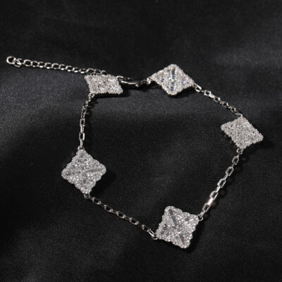 Full Zircon Four-leaf Clover Charm Bracelets White Gold Plated Jewelry Gifts