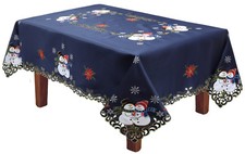Holiday Christmas Snowman Snowflake Poinsettia Tablecloth With Napkins BLUE Gold