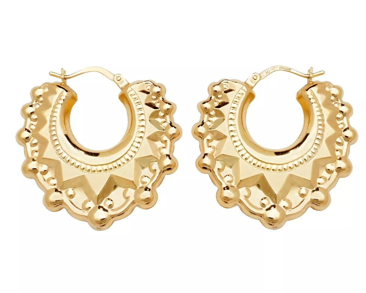 9ct Gold on Silver Large Victorian Gypsy Spiked Creole Hoop Earrings