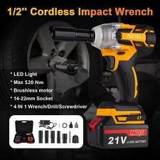 21V Cordless Impact Wrench Kit 1/2" 520Nm High Torque Brushless Drill w/ Battery