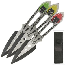 3Pc Grinning Demonic Skull Throwing Knives Set Chain Link Design + Free Sheath