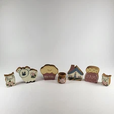 Lot Of 7 Wooden Handpainted Folk Art Pig Jam Cottage Sugar VTG Muffin Flowers