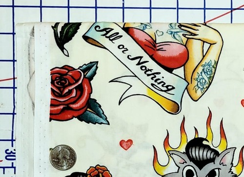 Don't Gamble With Love Tattoo Pin Up Alexander Henry Cotton Fabric 1 3/4 YD - Picture 2 of 7
