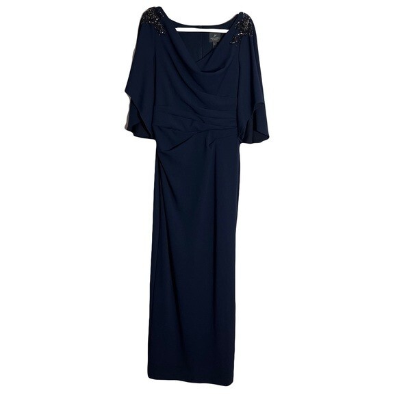 Adrianna Papell Womens Flutter Sleeve Long Jersey Dress In Ink Size 12  Beaded