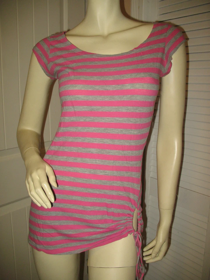Y2K Forever 21 Long Bodycon Top M Cap Sleeve Striped Pink Gray Streetwear Surfer - Image 2 of 4