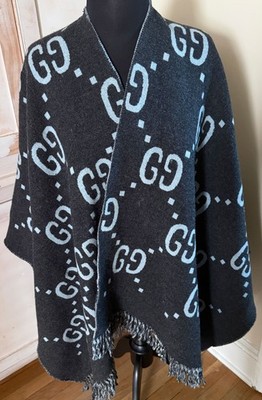 Gucci Wool Poncho Cape Reversible Check GG Logo Black & Blue ZZ899