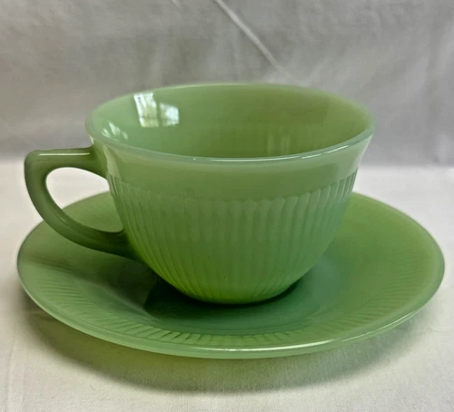 FireKing Jadeite Jane Ray Ribbed Coffee/Tea Cup and Saucer