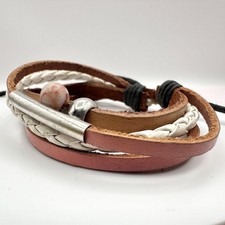 Vintage 80s Layer Braided Leather Bracelet Silver Tone Accent Charm Jewelry Y2K