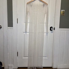 Sheer Ivory Rhinestone Pearl Cover Up Dress Long Sleeve Maxi Beach Wedding M