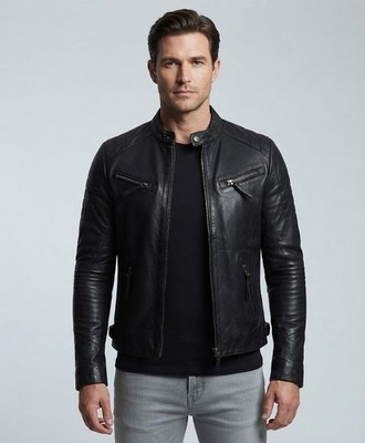 Mens Black Genuine Leather Biker Jacket Cafe Racer Motorcycle Coat