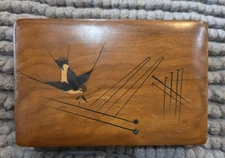 Beautiful Antique Sorrento Ware Small Wooden Marquetry Swallow Hairpin Box