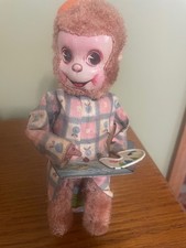 Antique Wind up Tin/Fur/Litho Painter Monkey Japan 1960's works, attached key