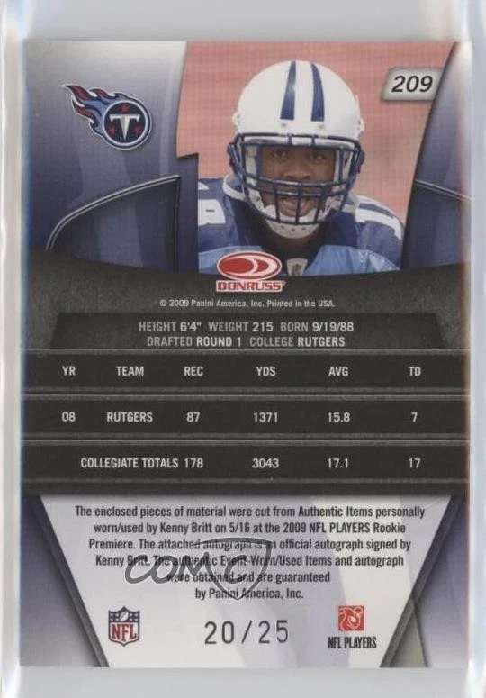 2009 Donruss Gridiron Gear Trios Prime Signatures /25 Kenny Britt Rookie Auto RC - Image 2 of 2