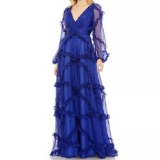 NWT Royal Blue Mac Duggal Ruffle A-line Sheer Long Sleeve Gown Size 8