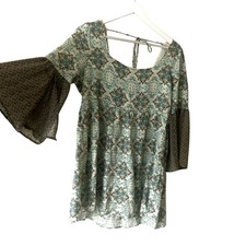 Umgee Babydoll Dress Tunic Size M Y2K Bohemian 3/4 Length Bell Sleeve Tie Back