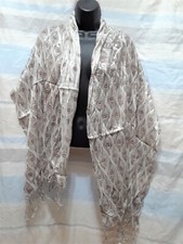 Scarf Long Tassel White Beige Brown Peacock Feather Bird Shiny Glitter Sparkle