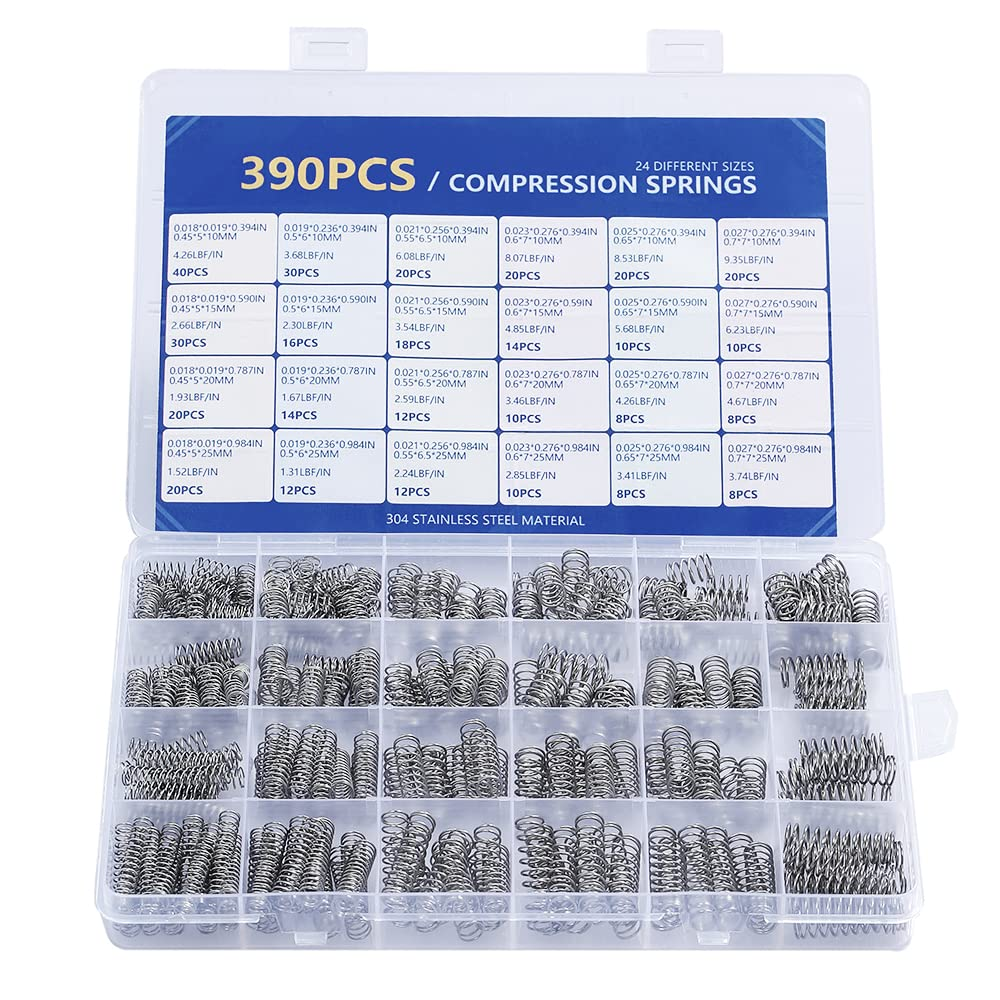390-Piece Stainless Steel Compression Spring Kit - 24 Sizes