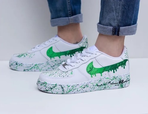Air Force 1 Low Custom Mens White Shoes, Explosion Slime Green Hues Splatter - Picture 7 of 22