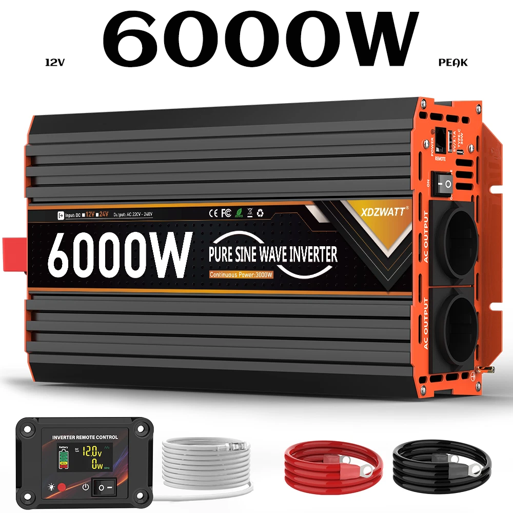 Green Cell LCD Spannungswandler 3000W/6000W 24V Auf 230V Reiner Sinus Volt Spannungswandler Wechselrichter Konverter Pure Sine Wave Power PowerInverter DC AC Umwandler Stromwandler Wohnwagen Auto
