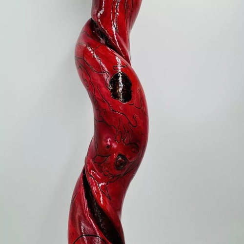 Folk Art Twisted Wood Hand Carved Painted Red Walking Stick - Picture 5 of 7