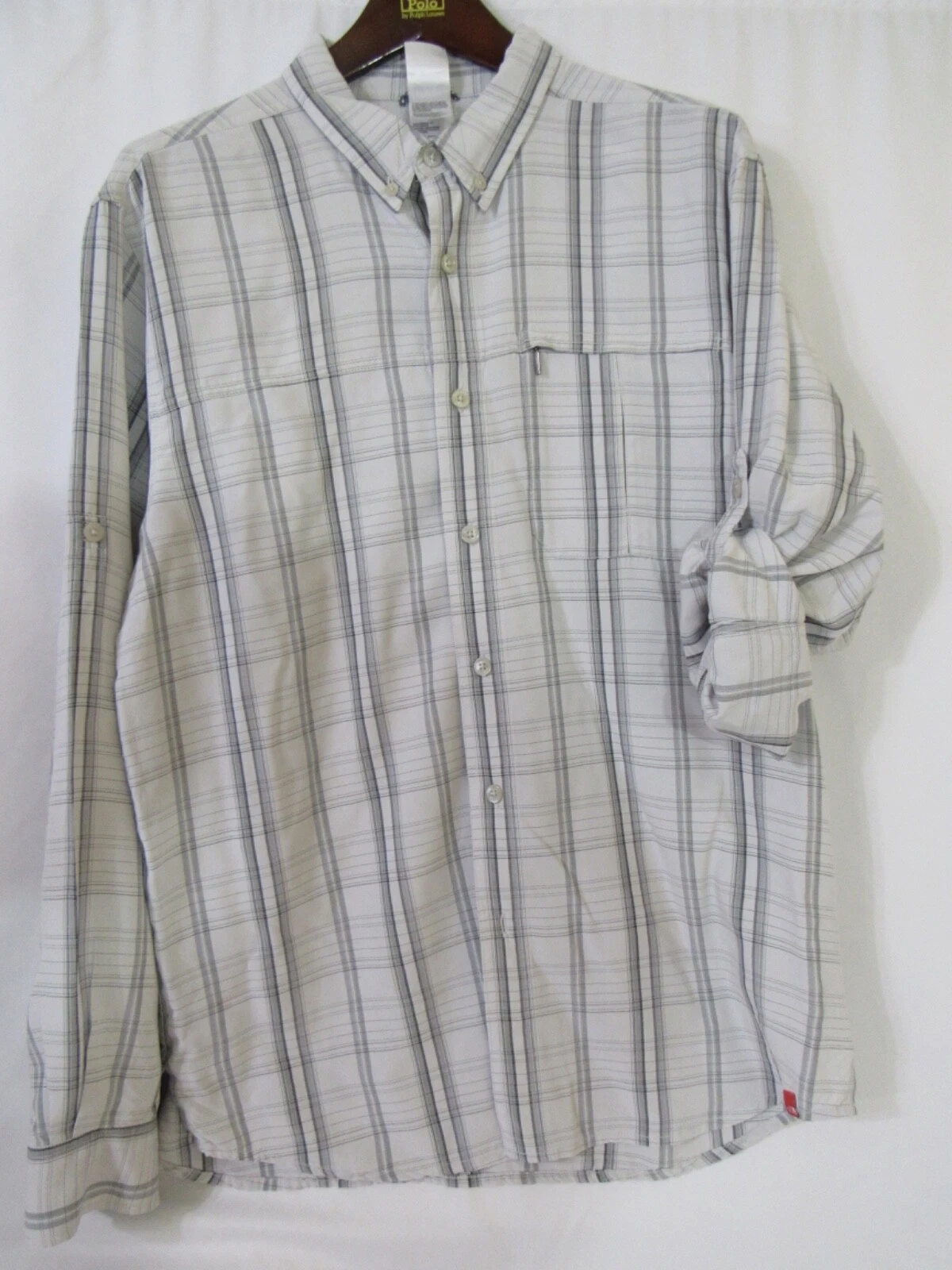 The North Face Gray Mens Shirt Sz L Roll Tab Sleeve Zip Pockets ACCX Button Down