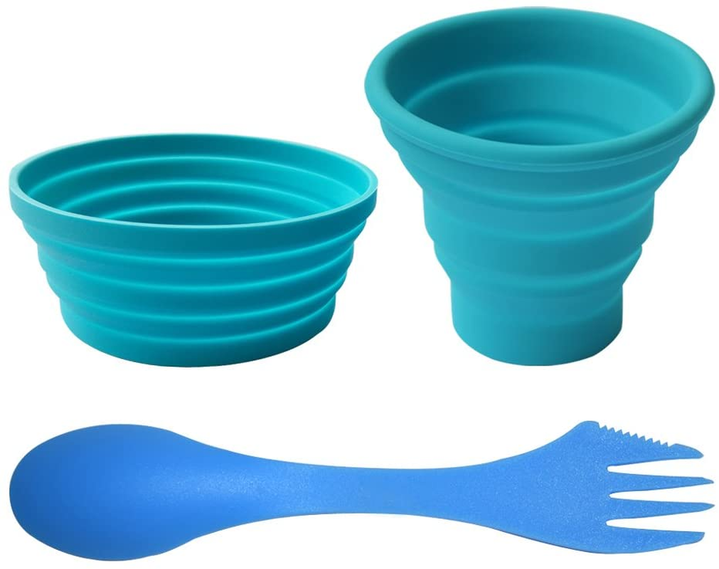 Silicone Collapsible Bowl Cup Set with Spork for Outdoor Camping Hiking Set  of