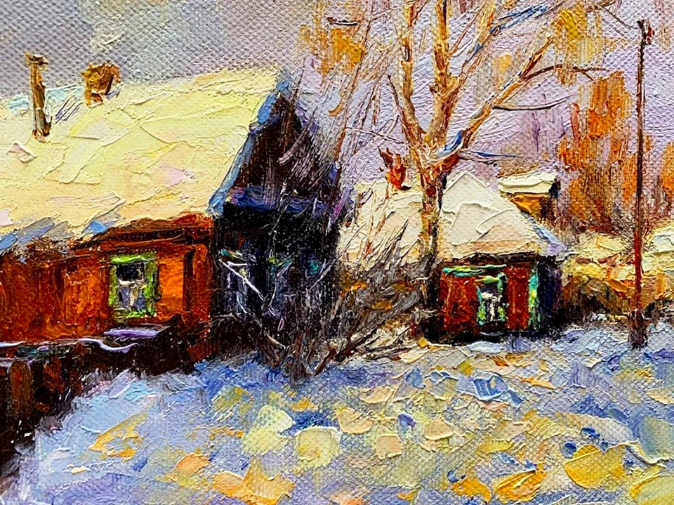 original oil painting snow art winter village Landscape on canvas 8x12 inches Foto 3 de 4