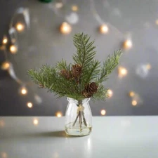 Farmhouse Christmas Pine Sprig with Mini Pine Cone in Glass Vase 8"