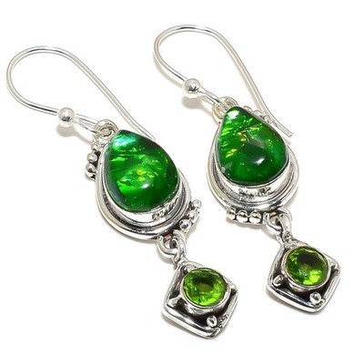 Triplet Fire Opal Peridot 925 Sterling Silver Earrings 2.2'' Gemstone Drop i840