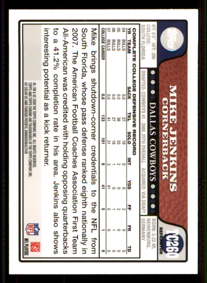 2008 Topps Chrome Refractors #TC260 Mike Jenkins - Image 2 of 2