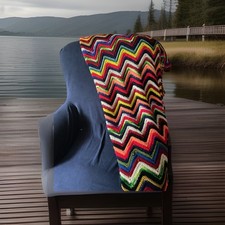 Handmade VTG WOOL Multicolor Chevron BOHO Crochet Sofa Throw LARGE Blanket 65x70