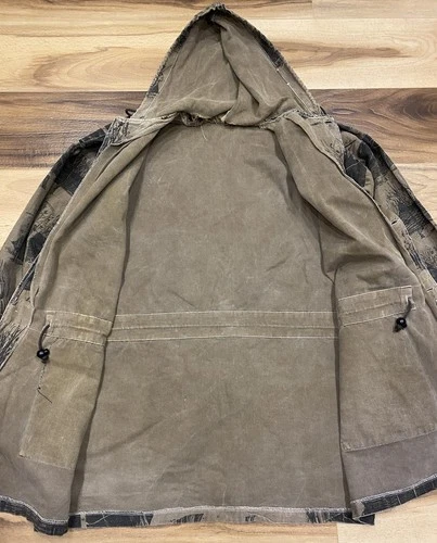 Vintage Michigan Rag Co Cabin Forest Print Hooded Canvas Jacket Distressed Rare image 10