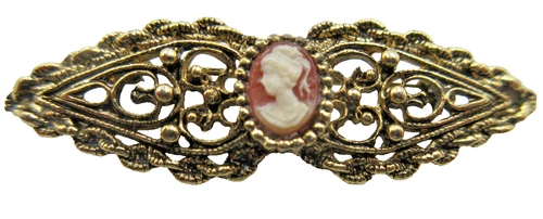 VTG 2"  CAMEO STYLE lady Brooch Pin gold tone metal open work costume jewelry