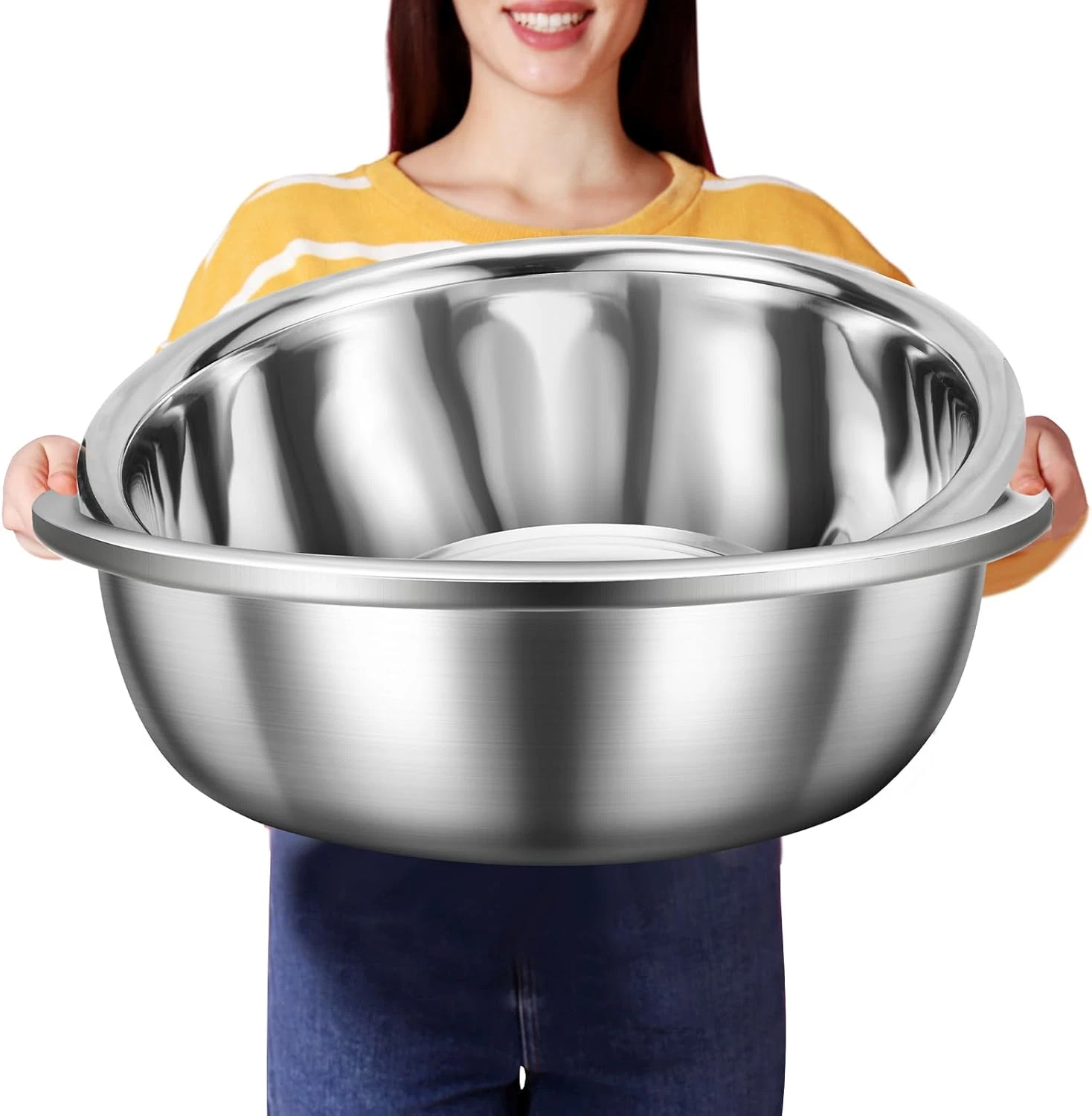 2 Pack Large 8Qt Stainless Steel Mixing Bowls - Polished Metal Flat Base